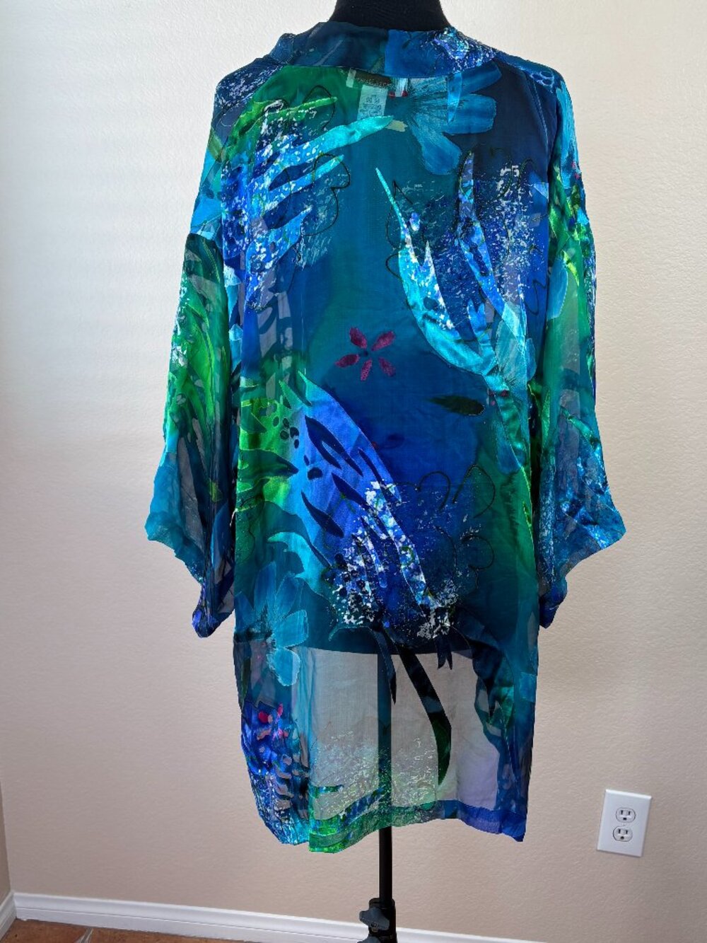 Silk Blend Kimono Top Blue Green Sheer Resort Vacation Cover Up OS - Picture 5 of 6